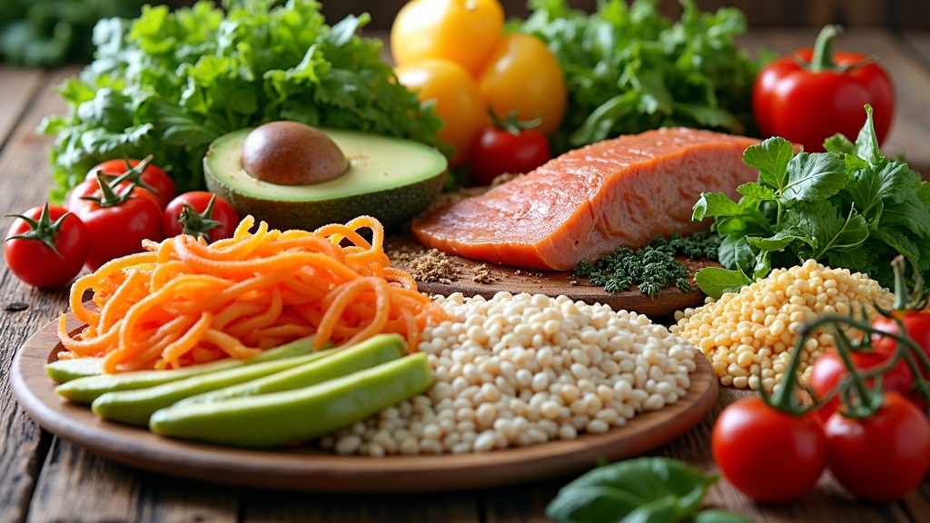 A colorful assortment of balanced healthy meals displayed on a wooden table with vegetables, grains, and lean proteins.